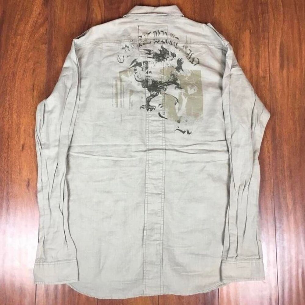 Vintage Guess Military Slate Grey Button-Up Shirt Size L